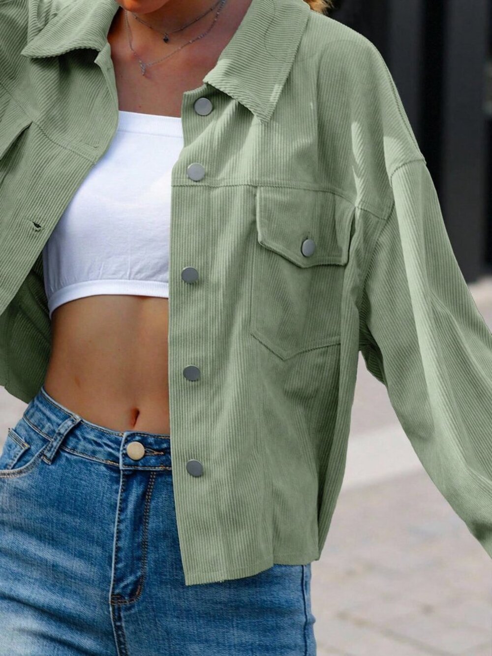Mint Green Casual Women's Corduroy Jacket - Picture 5 of 5